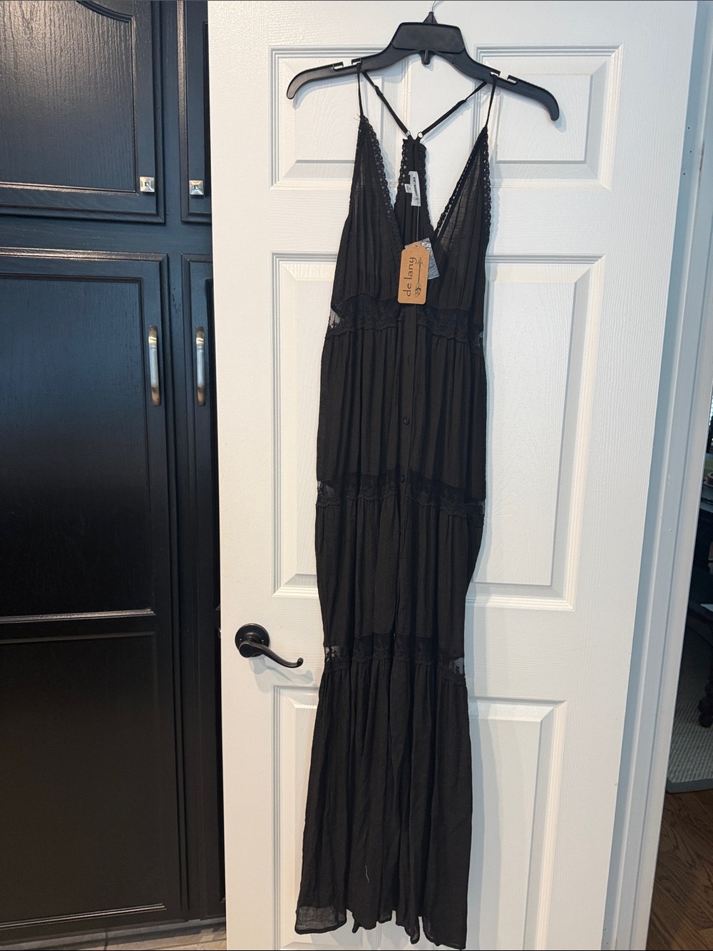 Sheer Black Lace Trim Plunging Maxi Dress